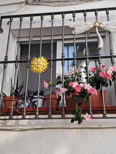 a balcony with flowers and potted plants on it at Pequeña Gran casa in Almuñécar