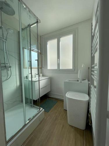une salle de bain avec une douche en verre et un lavabo dans l'établissement Échappée urbaine, à Saint-Jean-des-Vignes