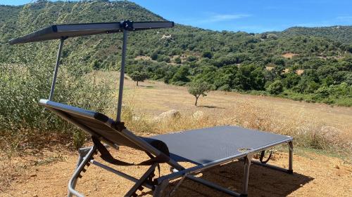 a chair with an umbrella and a table on a hill at Maison cantonnière in Sartène