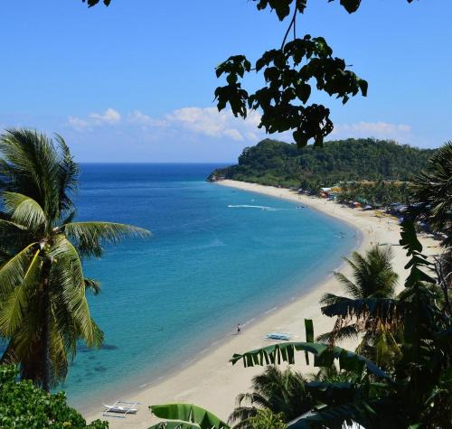 a view of a beach with palm trees and the ocean at Residencia del Mundo - Hotel in Puerto Galera