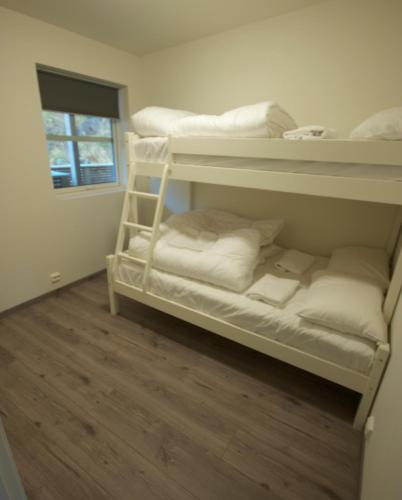 a room with two bunk beds and a window at Ersfjordbotn Brygge in Ersfjordbotn