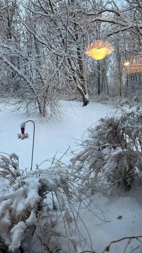 a snow covered yard with trees and a street sign at Unique Fully Restored Landmark Barn in Hudson in Claverack