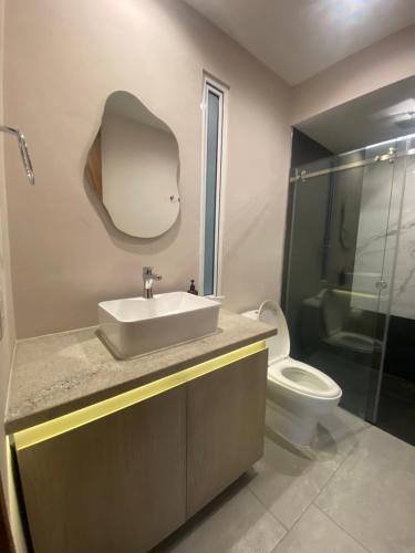 a bathroom with a sink and a toilet and a mirror at Nayfer Suites in Playa del Carmen