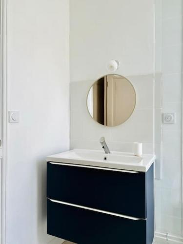 une salle de bain avec un lavabo et un miroir dans l'établissement Le petit Rameau - T2 hypercentre, à Clermont-Ferrand