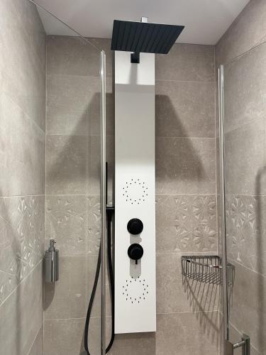 une douche avec une porte vitrée dans une salle de bain dans l'établissement Suite Hôte Luxe 2 P Vignes en coeur, aux Vignes Lovées, à Riquewihr
