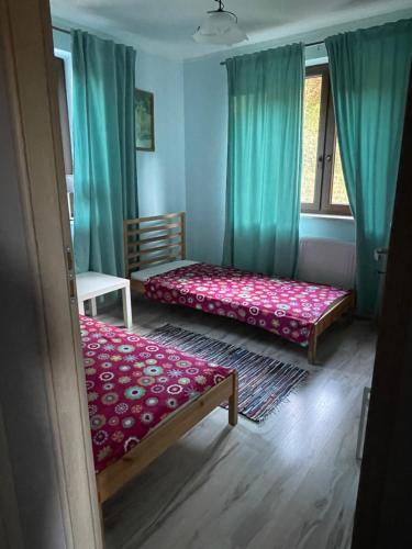 a bedroom with two beds and a window at Apartament Pod Skarpą z balią Wieżyca in Szymbark