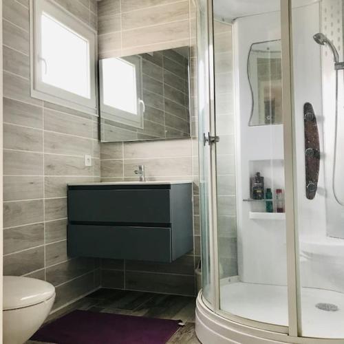 une salle de bain avec une douche, un lavabo et des toilettes dans l'établissement Charmante petite maison à la campagne, à Soulanges