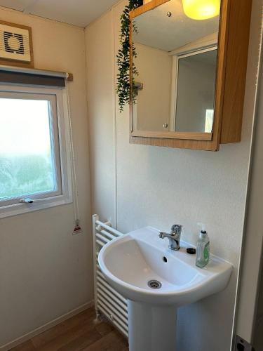 a bathroom with a sink and a mirror and a window at Beatrice homes in Parkeston