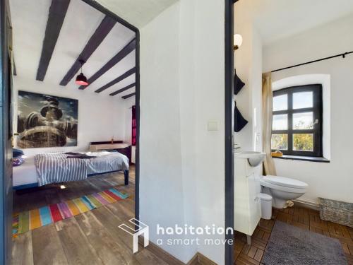 a bathroom with a mirror and a bed in a room at Casa cu piscina Cheile Nerei in Socolari
