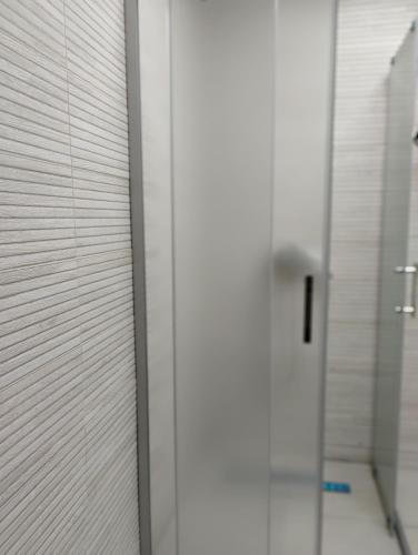 a glass door in a bathroom with a wall at Twins Apartment in Strumica