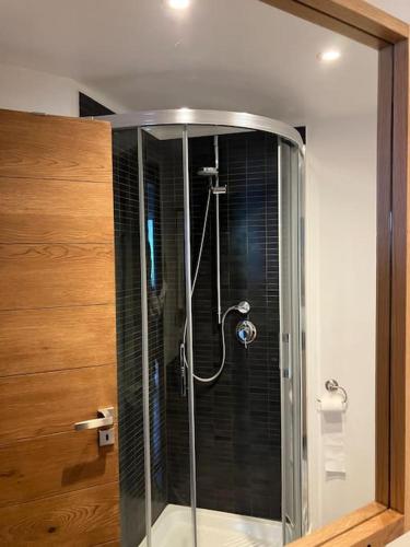 une douche avec une porte vitrée dans une salle de bain dans l'établissement Magnifique Appartement au Centre de Chamonix, à Chamonix-Mont-Blanc