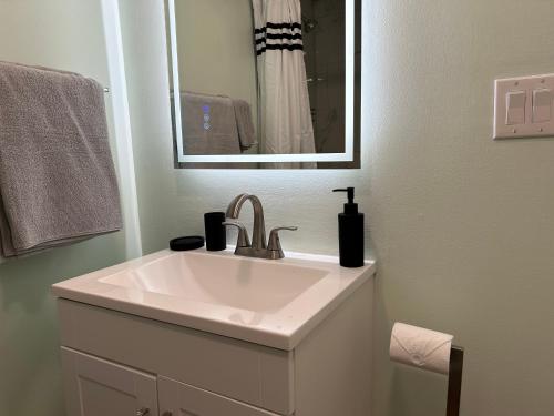 BereaBerea's Blue Bungalow - Near Hopkins Airport, IX Center, NASA, Cle MetroParks & Baldwin Wallace - Coffee Provided!的浴室里有洗手池和镜子