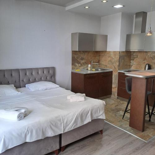 a bedroom with a large bed and a kitchen at BATUMi SEA TOWERS SEA VIEW 15 G in Angisa