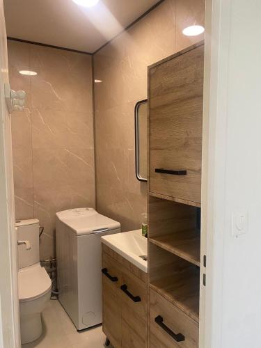une petite salle de bain avec toilettes et lavabo dans l'établissement Magnifique Studio, à Mauguio