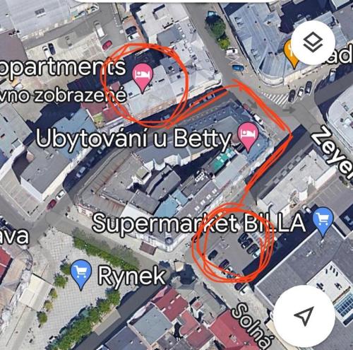 a screenshot of a map of a street with arrows at MINATO Apartments Ostrava center in Ostrava