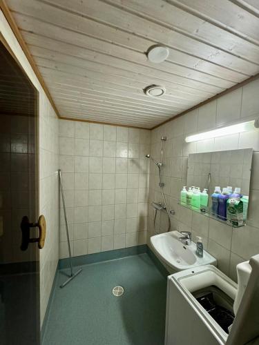 a bathroom with a sink and a toilet and a mirror at Usva Cabins Levi - Niestapirtti B in Kittilä