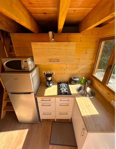 - une cuisine avec une cuisinière et un évier dans une cabine dans l'établissement Chalet Nature Disney, à La Celle-sur-Morin