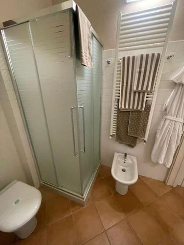 a bathroom with a shower and a toilet and a sink at Acacia Tree Lodge il tuo rifugio sul Lago Maggiore in Lesa