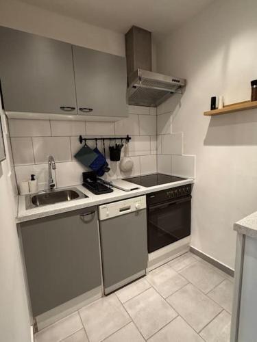 a small kitchen with a sink and a stove at Zentrale Wohnung in Graz SOVA 2 in Graz
