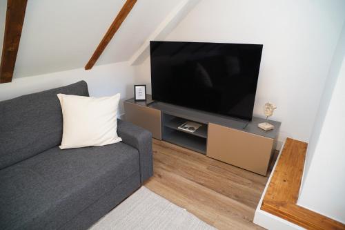 a living room with a gray couch and a flat screen tv at Ada Düne in Helgoland