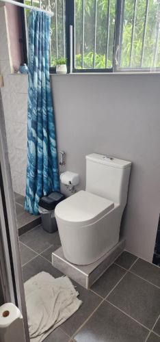 a white toilet in a bathroom with a window at Sweet Candy Studio Apartment in Julianadorp
