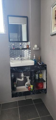 a bathroom with a sink and a mirror at Sweet Candy Studio Apartment in Julianadorp