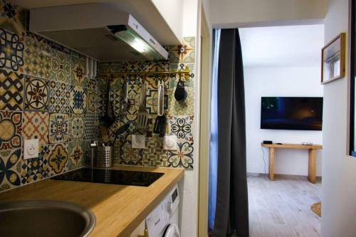 una cocina con fregadero y encimera en Studio Centre-Ville Saint Gilles Les Bains, en Saint-Gilles-les-Bains