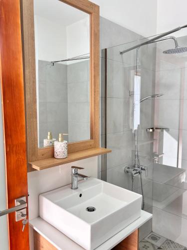 a bathroom with a white sink and a shower at Maison Mont Choisy - One or Two Bedrooms Apartment in Trou aux Biches