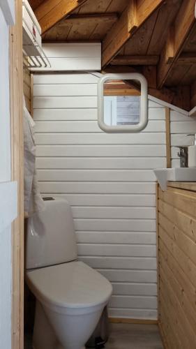 a small bathroom with a toilet and a sink at Villa and cottage by the sea in Sunnanberg