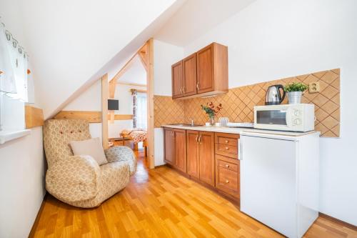 a kitchen with a microwave and a chair in a room at Apartmány Iwona in Rokytnice nad Jizerou