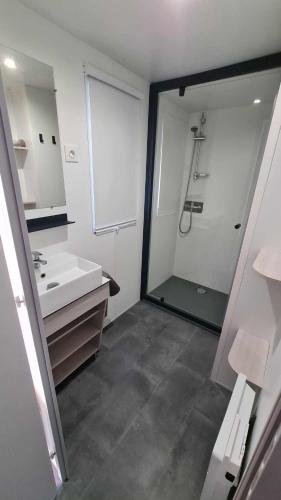 une salle de bain avec douche et lavabo dans l'établissement Mobil Home récent Camping La Palmeraie, à Torreilles