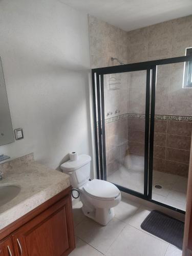 a bathroom with a shower and a toilet and a sink at Las casas de las flores in Ibarra
