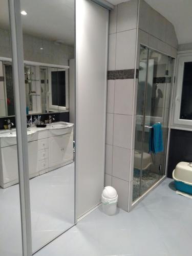 une salle de bain blanche avec deux lavabos et une douche dans l'établissement Chambre Grand lit New York, à Combs-la-Ville