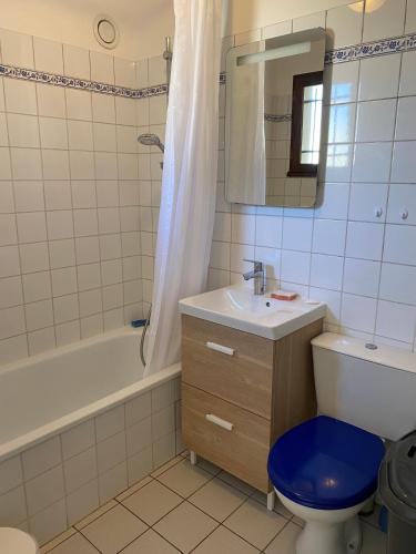 une salle de bain avec toilettes, lavabo et miroir dans l'établissement Maison, 2 chambres, 400m de la plage., à La Turballe