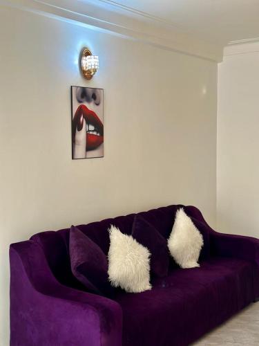 a purple couch with pillows on it in a living room at King Furnished Apartments in Buye