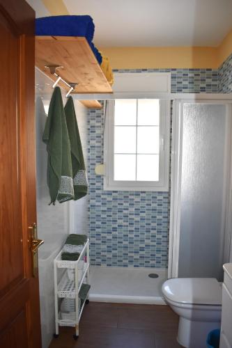 a bathroom with a shower and a toilet and a window at Los Paredones 2 in Valle Gran Rey