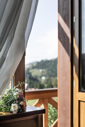 a potted plant sitting on a table next to a window at Aura Karpat in Bukovel