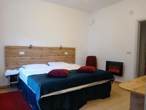 ein Schlafzimmer mit großem Bett und Kamin in der Unterkunft Center Walk Studios in Bukarest