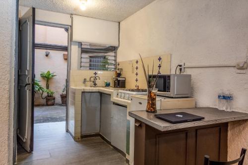 a kitchen with a sink and a microwave at Loft Privado con Cocina, Vive Chapalita 3 in Guadalajara