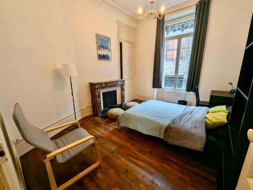 une chambre avec un lit et une cheminée dans l'établissement 3 Chambres - Hyper Centre - Calme & Tout Equipé avec Wifi, à Grenoble
