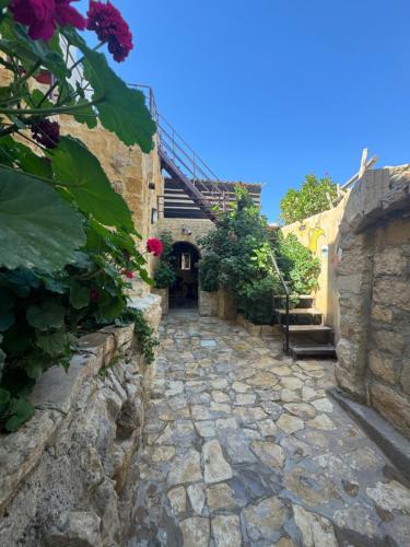 an alley with a stone walkway with flowers at Dana Tower Hotel in Dana