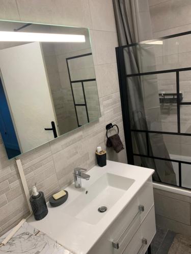 une salle de bain avec un lavabo blanc et un miroir dans l'établissement Cosy home, à Aulnay-sous-Bois