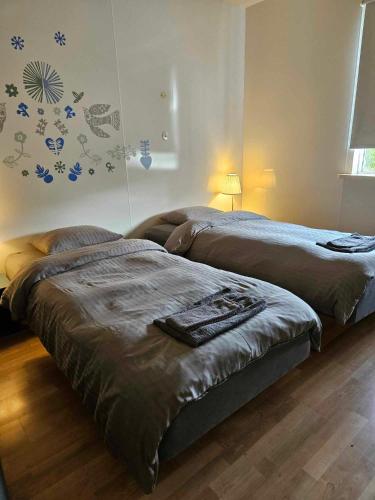 two beds sitting next to each other in a bedroom at House in the Westfjords in Súðavík