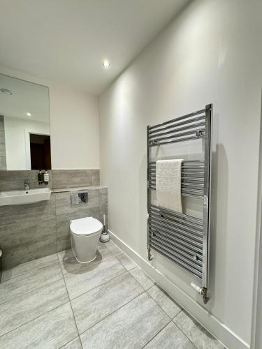 a bathroom with a toilet and a sink at Kimpton Rooms Luxury Apartment By Luton Airport in Stopsley