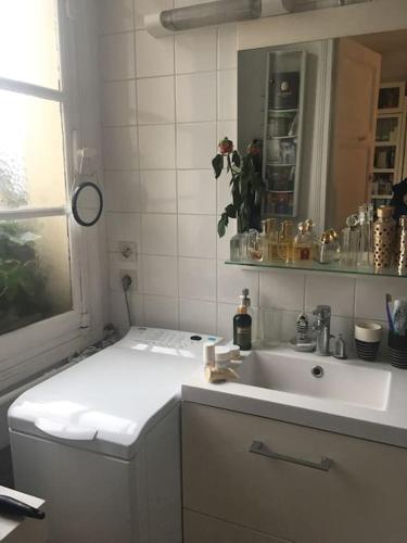 une salle de bain blanche avec un lavabo et une fenêtre dans l'établissement Charmant studio confortable dans la plus belle capitale, à Paris