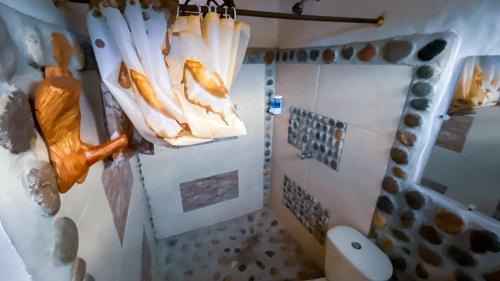 a bathroom with a shower with a toilet and a chandelier at La Liliana Hostal - Gastrobar in Jagua
