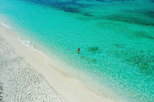 a person standing in the water on a beach at Hidden Haven II - 2 Bed Studio Condo in Turtle Cove