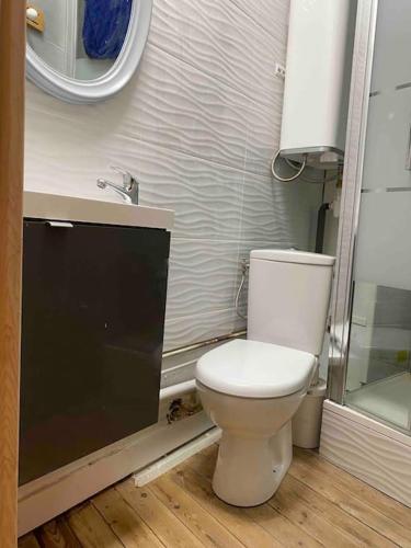 une salle de bain avec des toilettes blanches et un miroir dans l'établissement Les Planches de Céline, beau T2 à Deauville, à Deauville