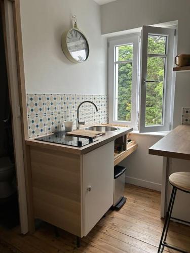 une cuisine avec un évier et un plan de travail dans l'établissement Les Planches de Céline, beau T2 à Deauville, à Deauville