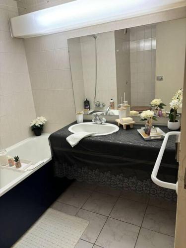 a bathroom with a sink and a large mirror at Appartement Relaxe in Carquefou